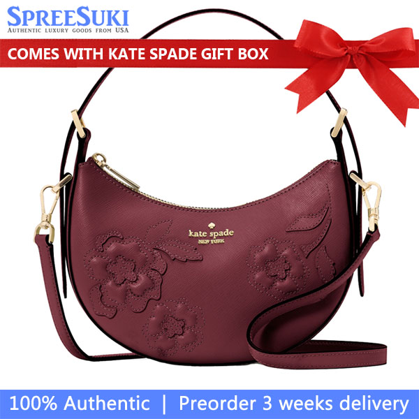 Kate Spade Madison Floral Applique Crescent Shoulder Bag Dark Merlot # KL938