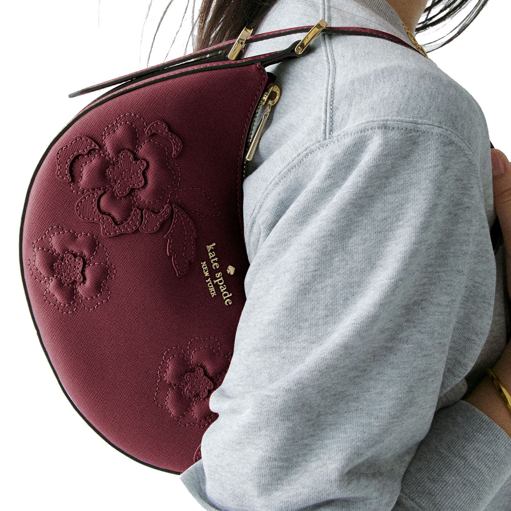 Kate Spade Madison Floral Applique Crescent Shoulder Bag Dark Merlot # KL938