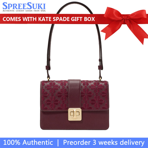 Kate Spade Spade Flower Embroidered Flap Shoulder Bag Dark Merlot # KM153