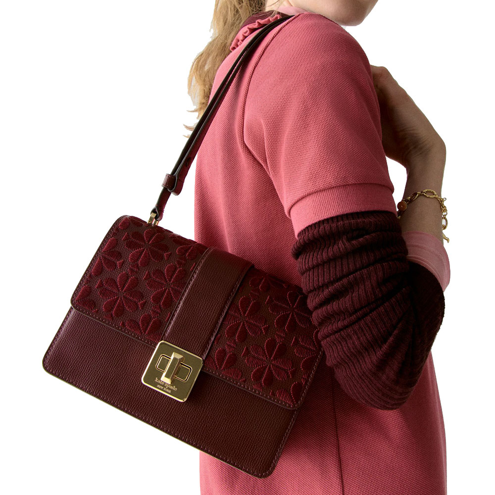 Kate Spade Spade Flower Embroidered Flap Shoulder Bag Dark Merlot # KM153