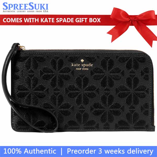 Kate Spade Lucy Spade Flower Embroidered Medium L-Zip Wristlet Black # KL857