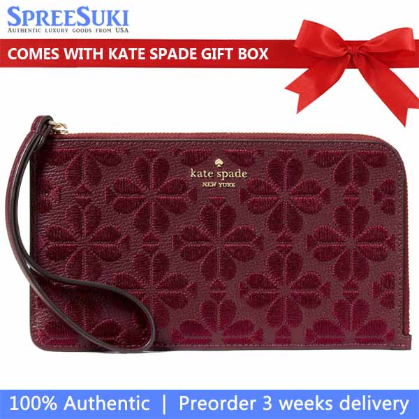 Kate Spade Lucy Spade Flower Embroidered Medium L-Zip Wristlet Dark Merlot # KL857