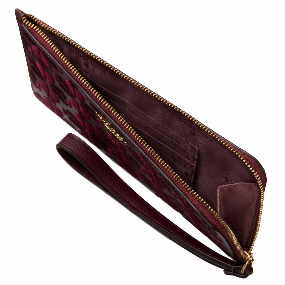 Kate Spade Lucy Spade Flower Embroidered Medium L-Zip Wristlet Dark Merlot # KL857