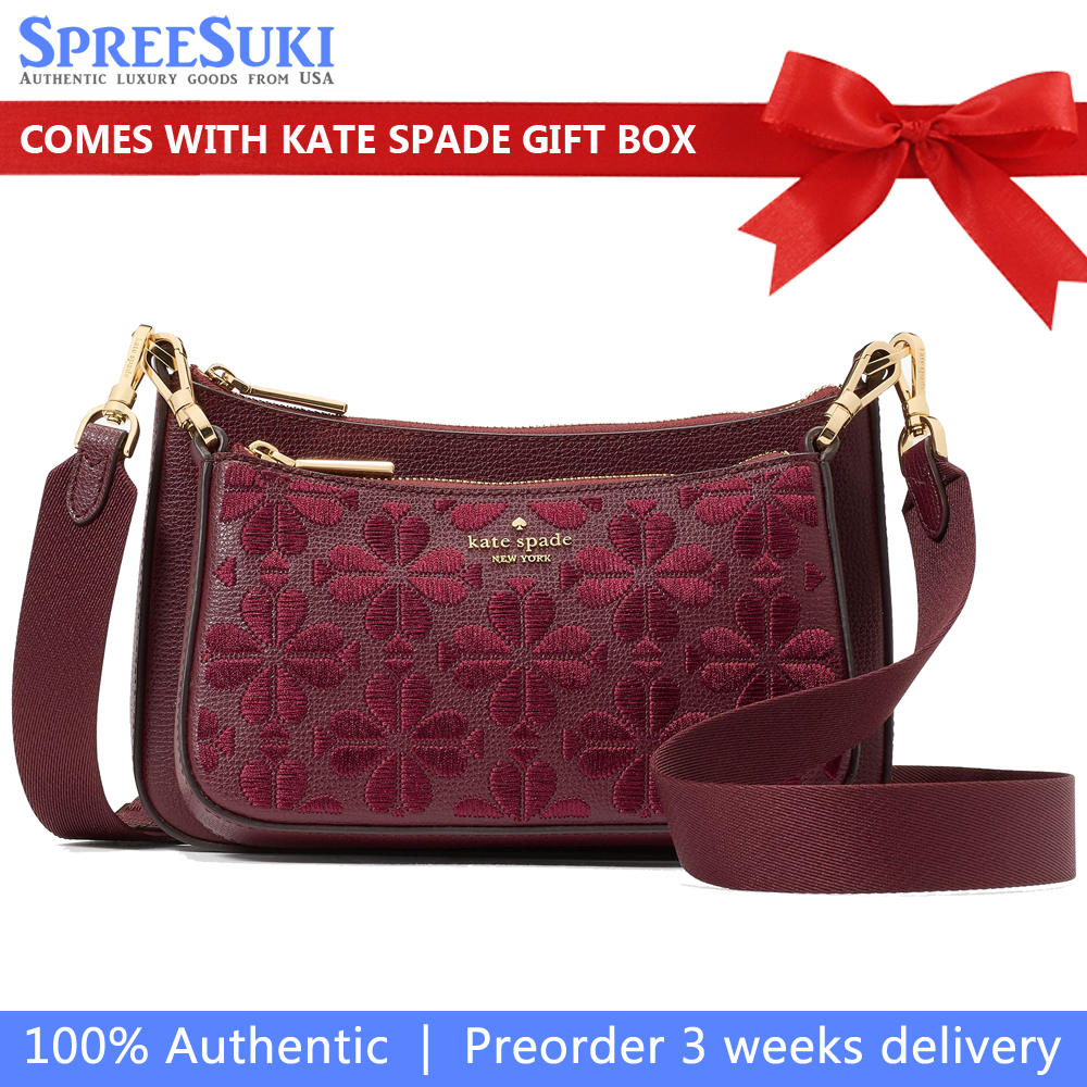 Kate Spade Duet Spade Flower Embroidered Small Crossbody Dark Merlot # KL832