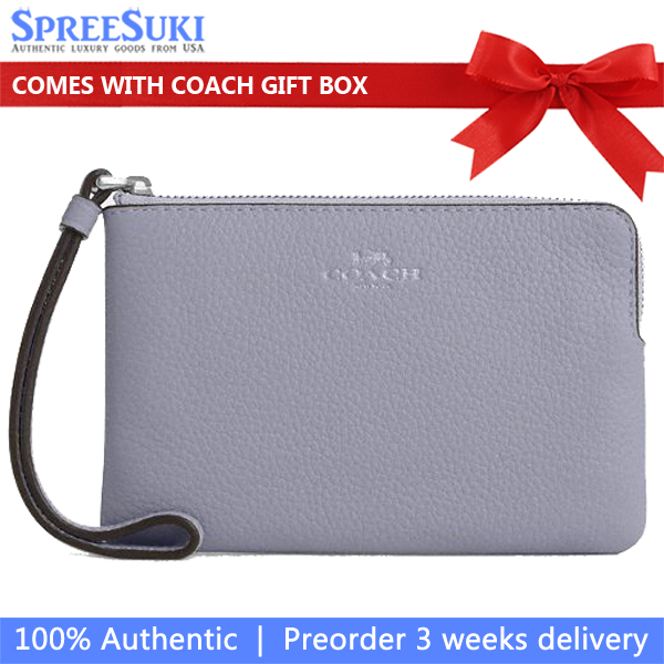 Coach Small Wristlet Pebbled Leather Corner Zip Wristlet Silver Mist # CP483