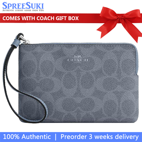 Coach Corner Zip Wristlet In Signature Canvas Silver Chambray # CAQ75