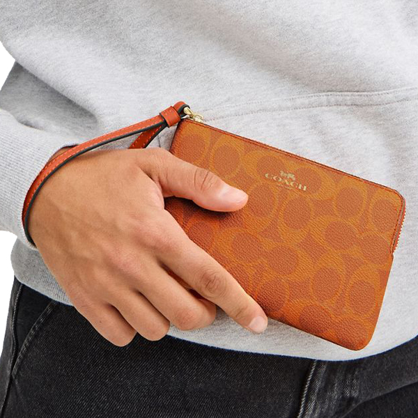 Coach Corner Zip Wristlet In Signature Canvas Bright Canyon # CAQ75