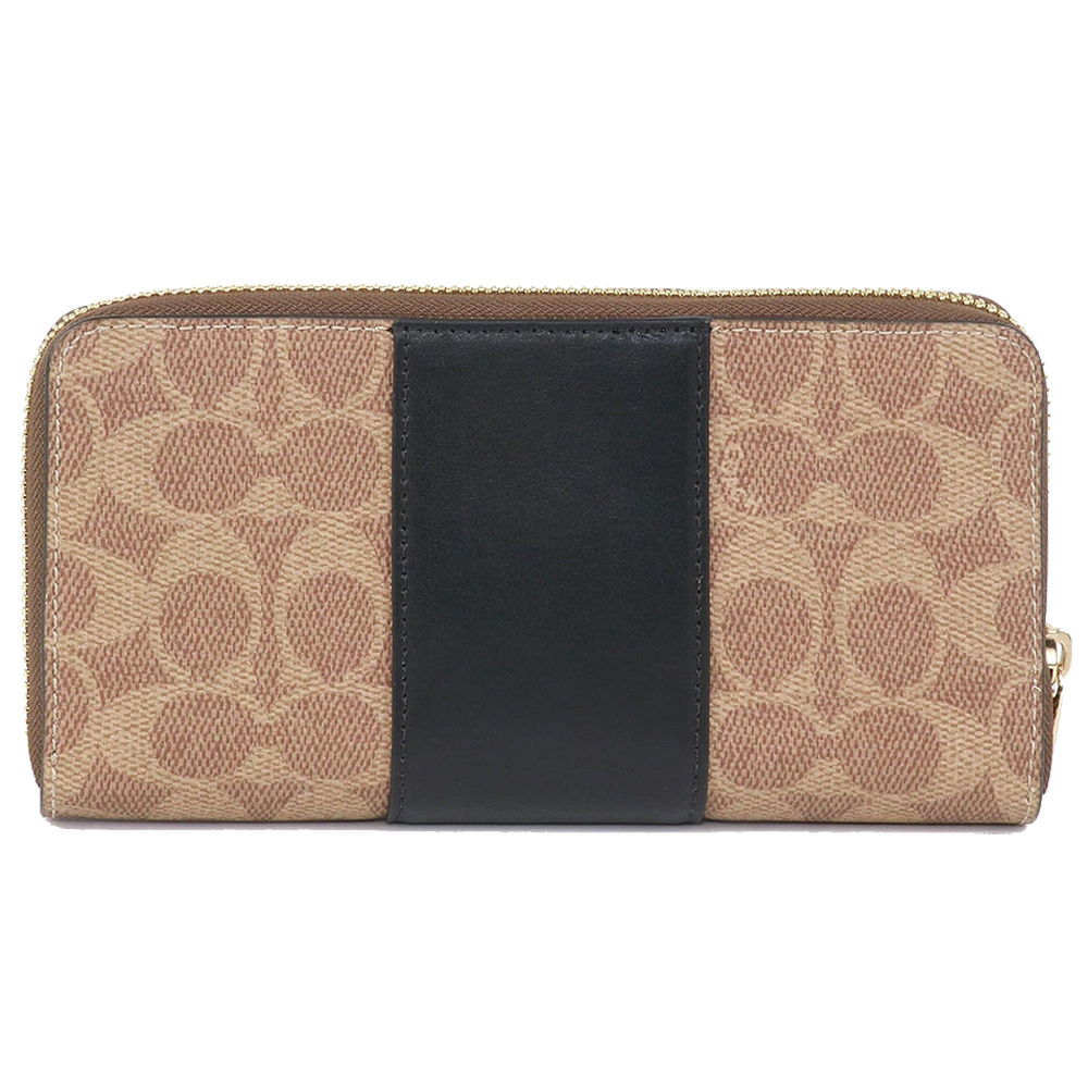 Coach Long Zip Around Wallet In Signature Canvas With Stripe Tan Black # CW947