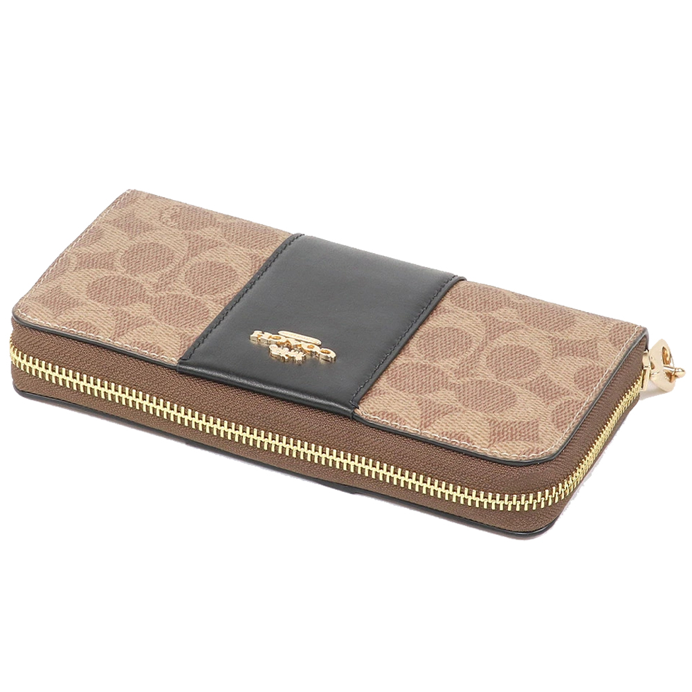 Coach Long Zip Around Wallet In Signature Canvas With Stripe Tan Black # CW947