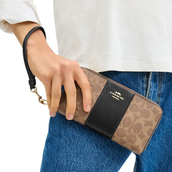 Coach Long Zip Around Wallet In Signature Canvas With Stripe Tan Black # CW947