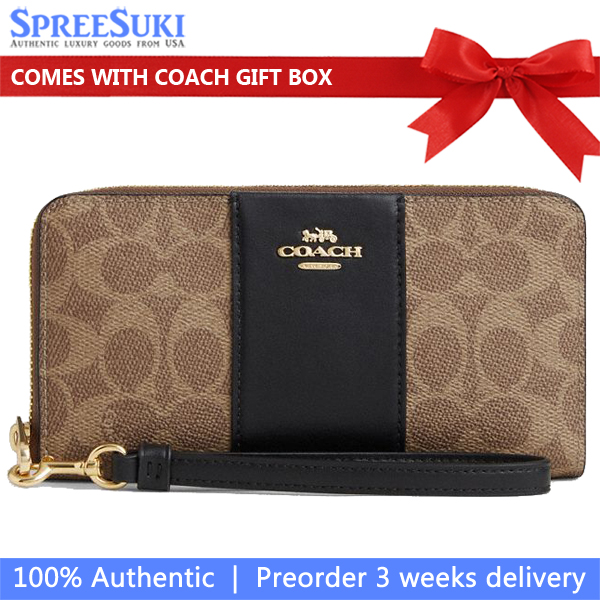 Coach Long Zip Around Wallet In Signature Canvas With Stripe Tan Black # CW947