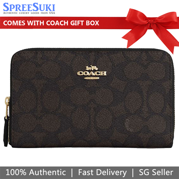 Coach Medium Wallet Medium Id Zip Signature Canvas Zip Around Walnut Black # CW781