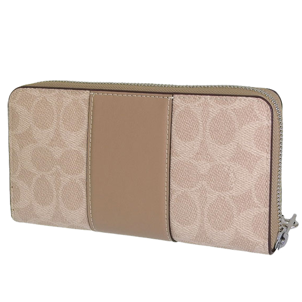 Coach Long Zip Around Wallet In Signature Canvas With Stripe Silver Sand Taupe # CW947