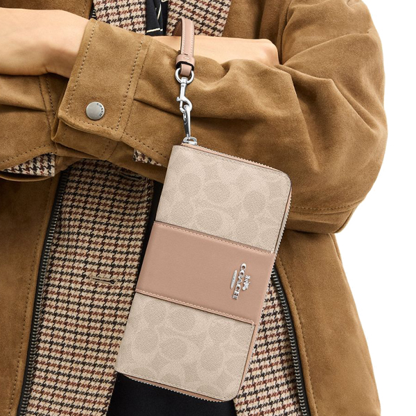 Coach Long Zip Around Wallet In Signature Canvas With Stripe Silver Sand Taupe # CW947
