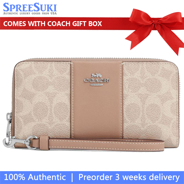 Coach Long Zip Around Wallet In Signature Canvas With Stripe Silver Sand Taupe # CW947