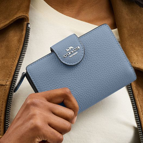 Coach Medium Corner Zip Wallet Silver Pale Lapis # CBO41
