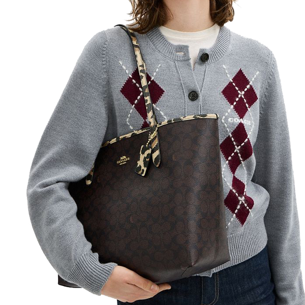 Coach City Tote Bag In Signature Canvas With Leopard Print Walnut Leopard Multi # CCD01