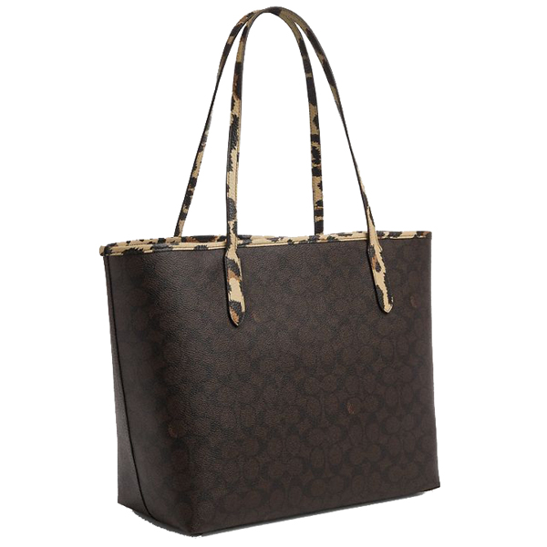 Coach City Tote Bag In Signature Canvas With Leopard Print Walnut Leopard Multi # CCD01