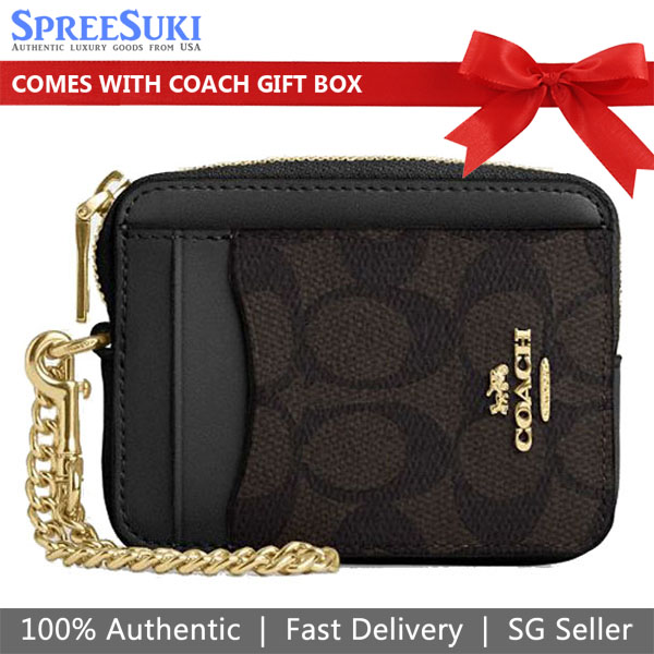 Coach Zip Card Case Signature Card Holder Walnut Brown Black # CW883