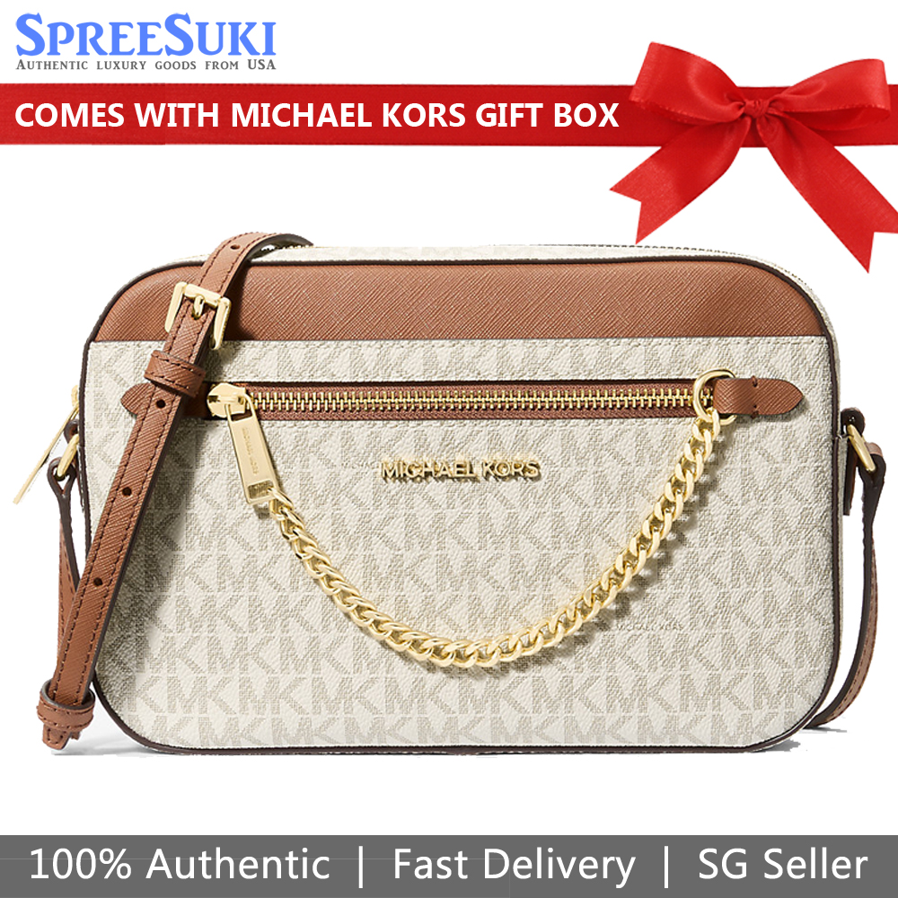 Michael Kors Crossbody Bag Large Jet Set Item Ew East West Chain Crossbody Vanilla Off White Acorn Brown # 35S1GTTC9B
