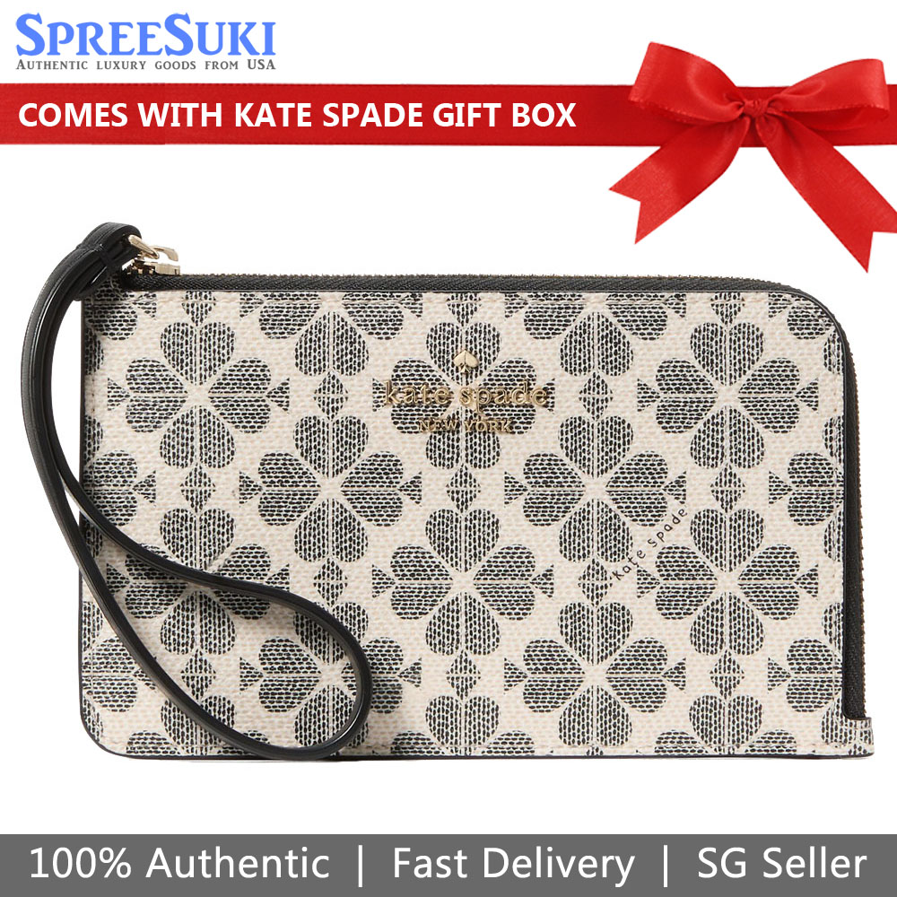 Kate Spade Small Wristlet Lucy Spade Flower Small L-Zip Wristlet Black Multi # KH614