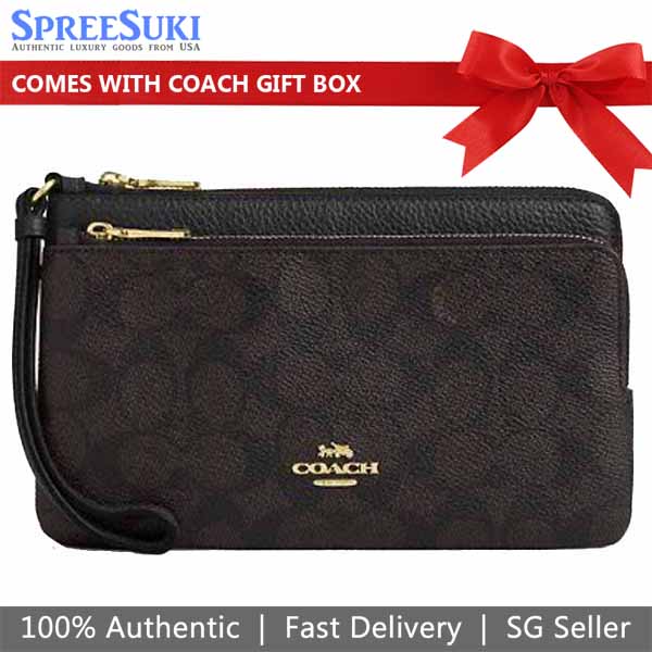 Coach Double Zip Wallet In Signature Canvas Walnut Black # CX161
