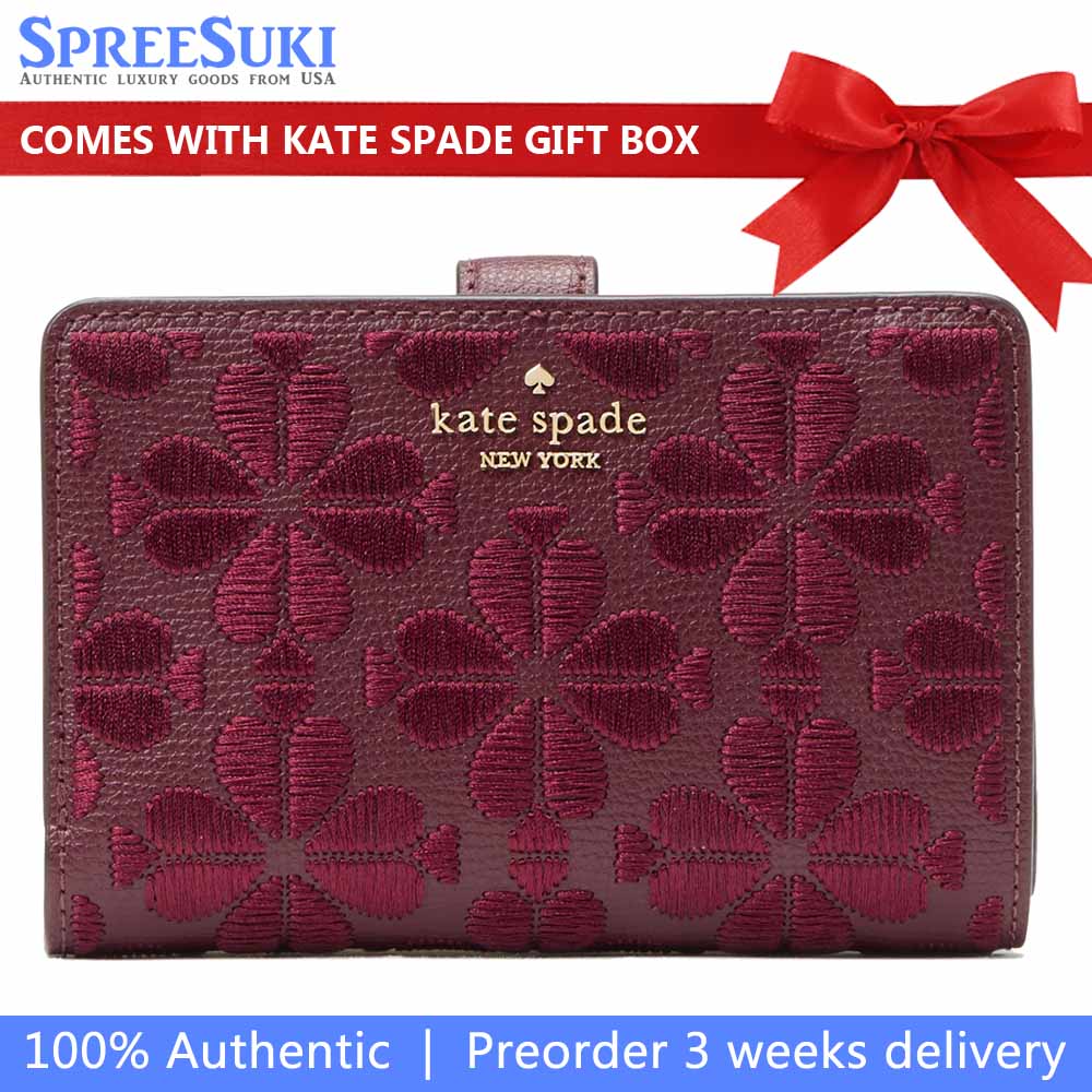 Kate Spade Spade Flower Embroidered Medium Bifold Wallet Dark Merlot # KL899