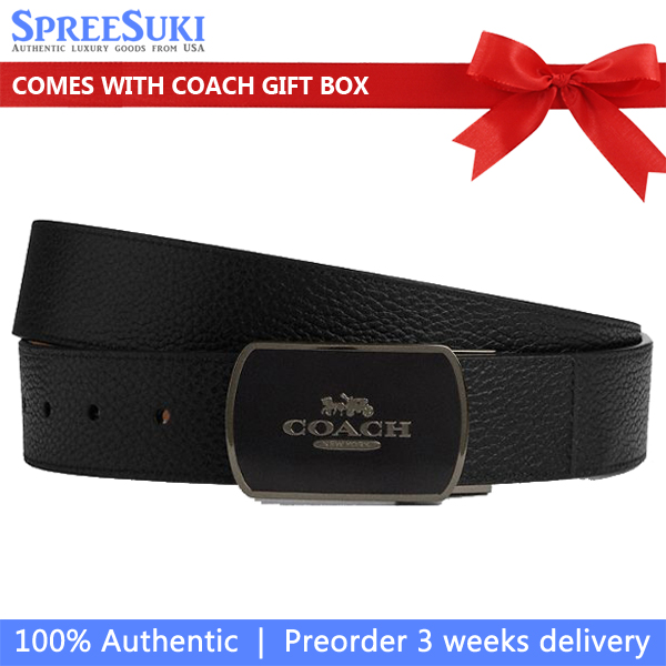 Coach Men Plaque Buckle Cut To Size Reversible Belt, 38 Mm Gunmetal Black Dark Saddle # CCV73