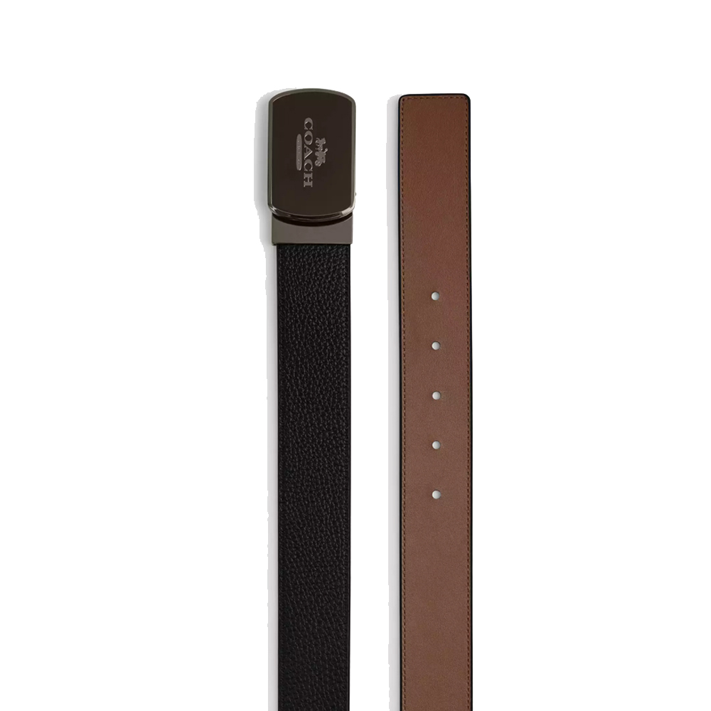 Coach Men Plaque Buckle Cut To Size Reversible Belt, 38 Mm Gunmetal Black Dark Saddle # CCV73