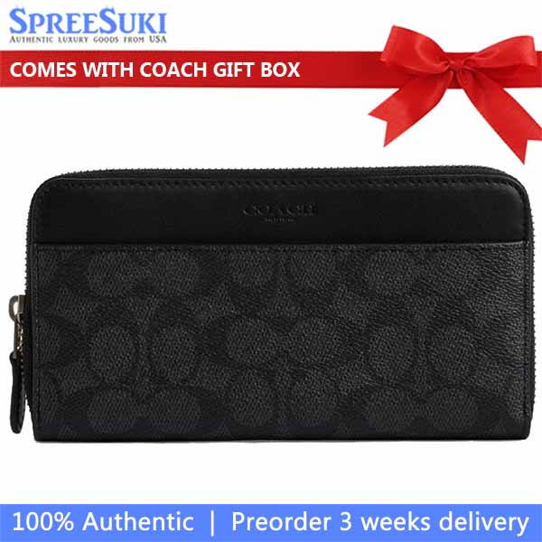 Coach Men Accordion Wallet In Signature Canvas Gunmetal Charcoal Black # CY405