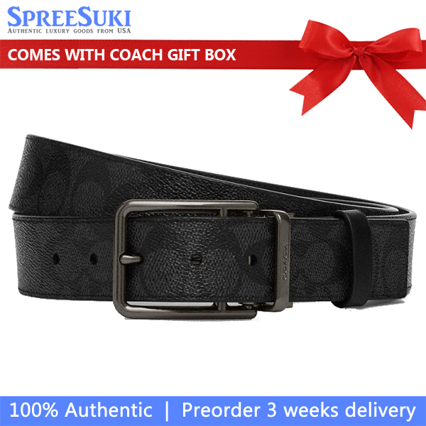 Coach Men Double Bar Buckle Cut To Size Reversible Belt, 38 Mm Gunmetal Charcoal Black # CY997
