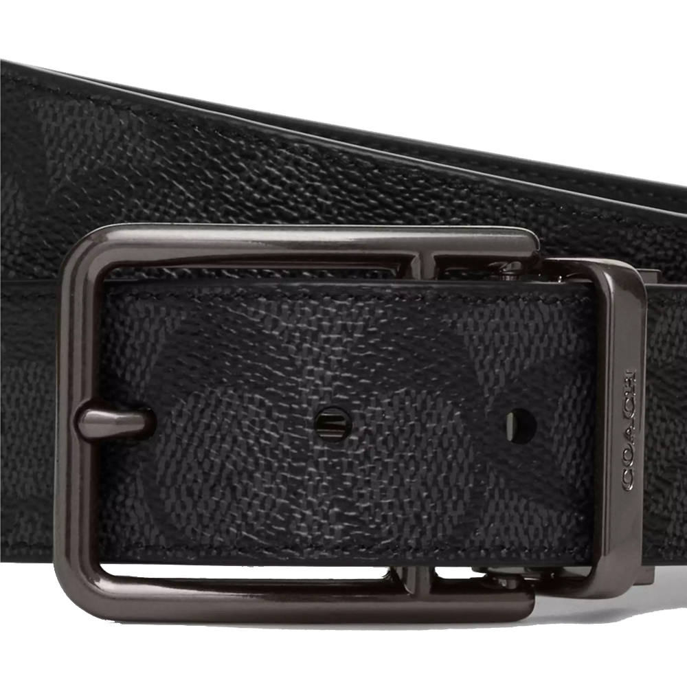 Coach Men Double Bar Buckle Cut To Size Reversible Belt, 38 Mm Gunmetal Charcoal Black # CY997