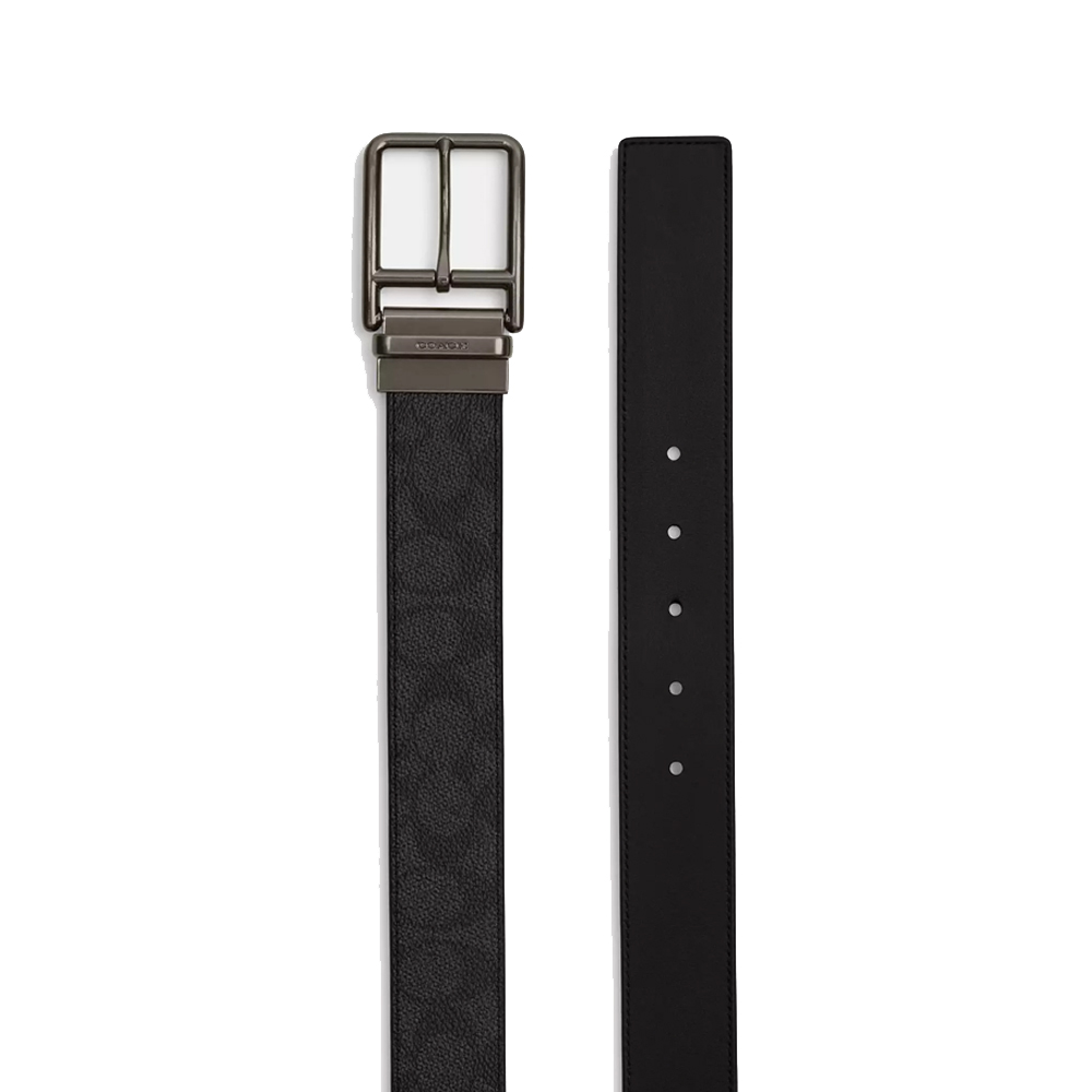Coach Men Double Bar Buckle Cut To Size Reversible Belt, 38 Mm Gunmetal Charcoal Black # CY997