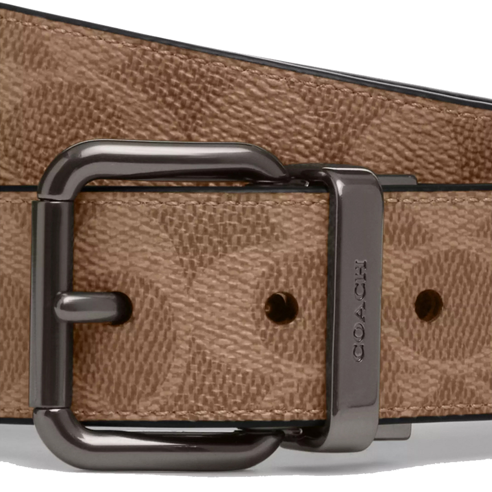 Coach Men Roller Buckle Cut To Size Reversible Belt, 38 Mm Gunmetal Tan Charcoal # CY922