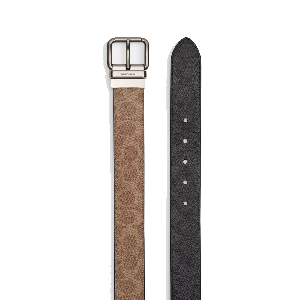 Coach Men Roller Buckle Cut To Size Reversible Belt, 38 Mm Gunmetal Tan Charcoal # CY922