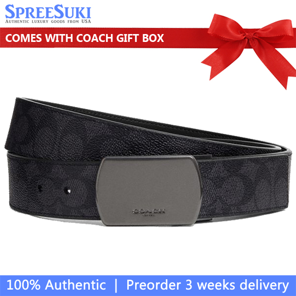 Coach Men Plaque Buckle Cut To Size Reversible Belt, 38 Mm Gunmetal Charcoal Black # CY941