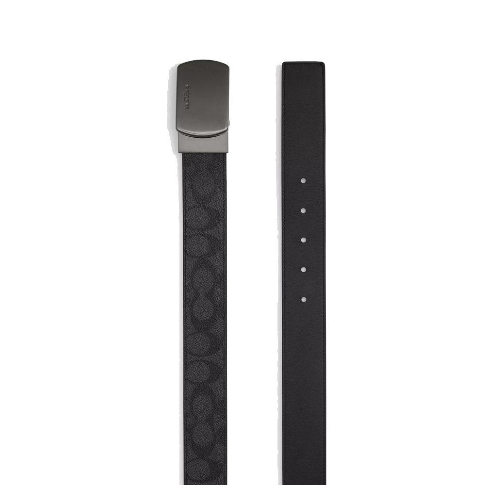 Coach Men Plaque Buckle Cut To Size Reversible Belt, 38 Mm Gunmetal Charcoal Black # CY941
