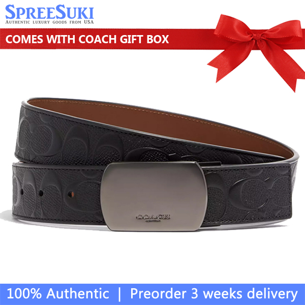 Coach Men Plaque Buckle Cut To Size Reversible Belt 38Mm Black Dark Saddle # CQ009