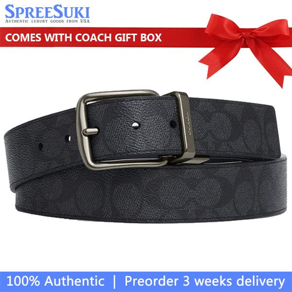 Coach Men Harness Buckle Cut To Size Reversible Belt, 38 Mm Gunmetal Charcoal Black # CY982
