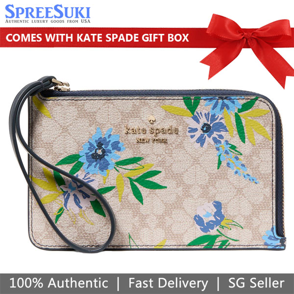 Kate Spade Lucy Spade Flower Floral Small L-Zip Wristlet Blazer Blue Multi # KK936