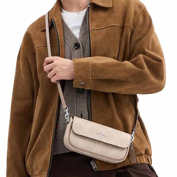 Coach Hailey Flap Bag In Signature Canvas Silver Sand Taupe # CAN70
