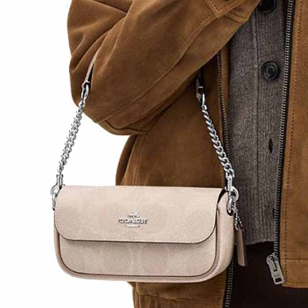 Coach Hailey Flap Bag In Signature Canvas Silver Sand Taupe # CAN70