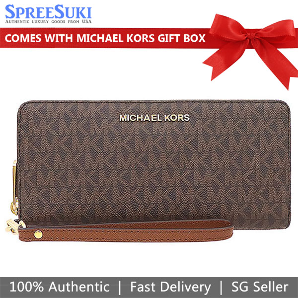 Michael Kors Long Wallet Jet Set Continental Wristlet Wallet Brown Acorn # 35F8GTVT3B