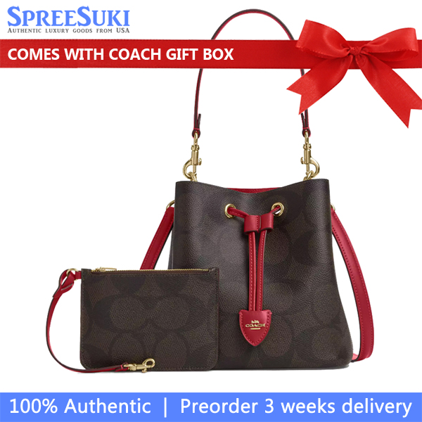 Coach Rowan Bucket Bag In Maxi Signature Canvas Walnut True Red # CCD77