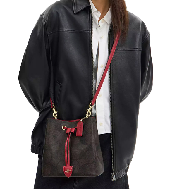 Coach Rowan Bucket Bag In Maxi Signature Canvas Walnut True Red # CCD77