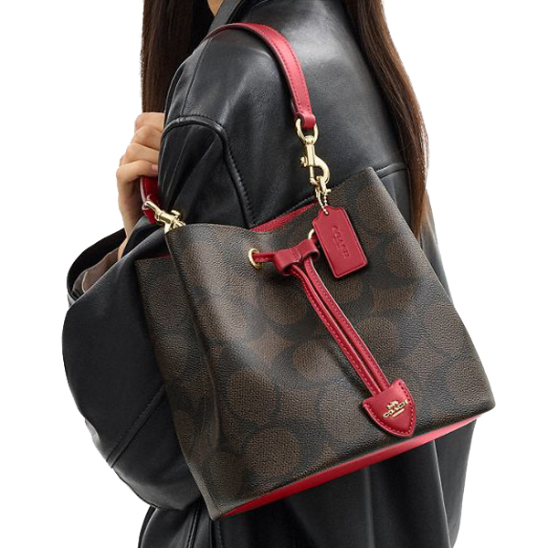 Coach Rowan Bucket Bag In Maxi Signature Canvas Walnut True Red # CCD77