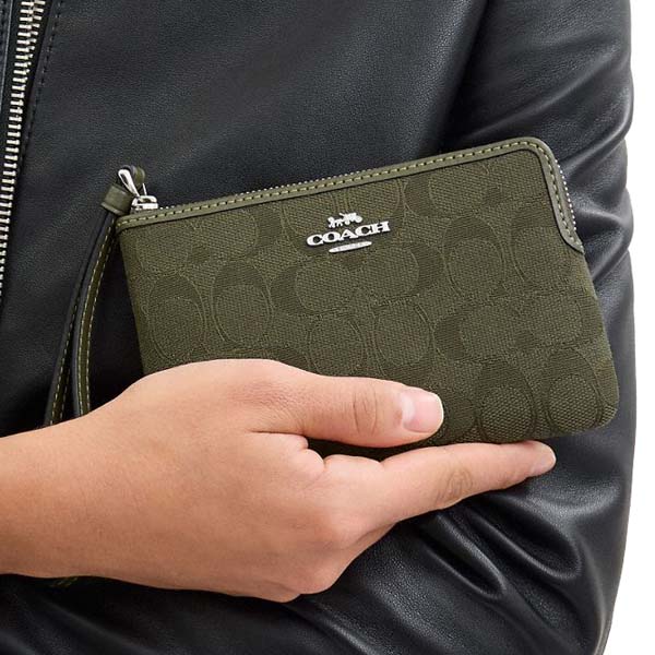 Coach Small Wristlet Corner Zip Signature Jacquard Wristlet Silver Olive Drab # CW862