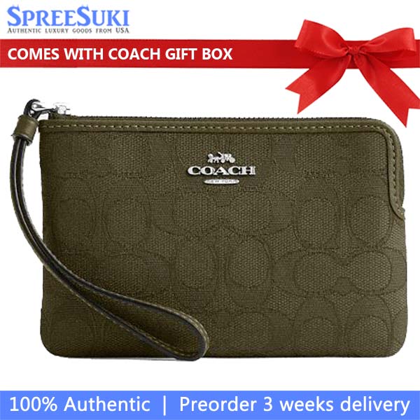 Coach Small Wristlet Corner Zip Signature Jacquard Wristlet Silver Olive Drab # CW862