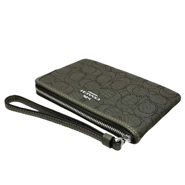 Coach Small Wristlet Corner Zip Signature Jacquard Wristlet Silver Olive Drab # CW862