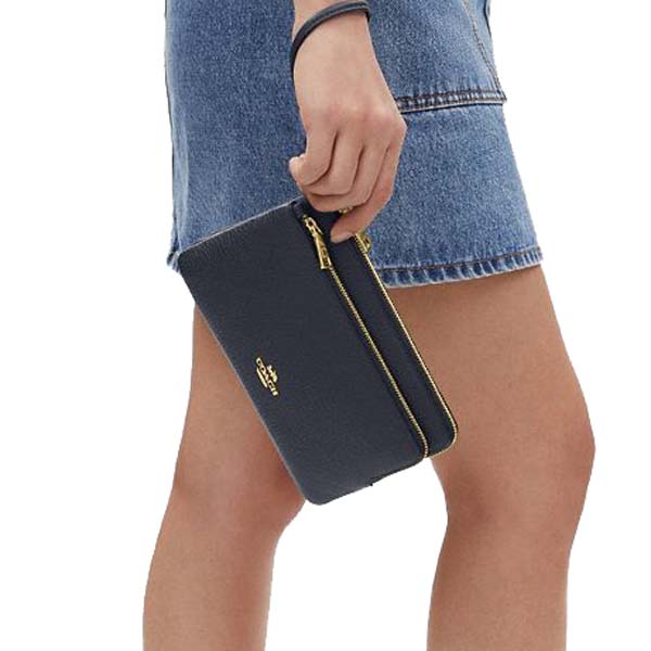 Coach Large Wristlet Pebbled Leather Double Zip Wallet Midnight # CU919